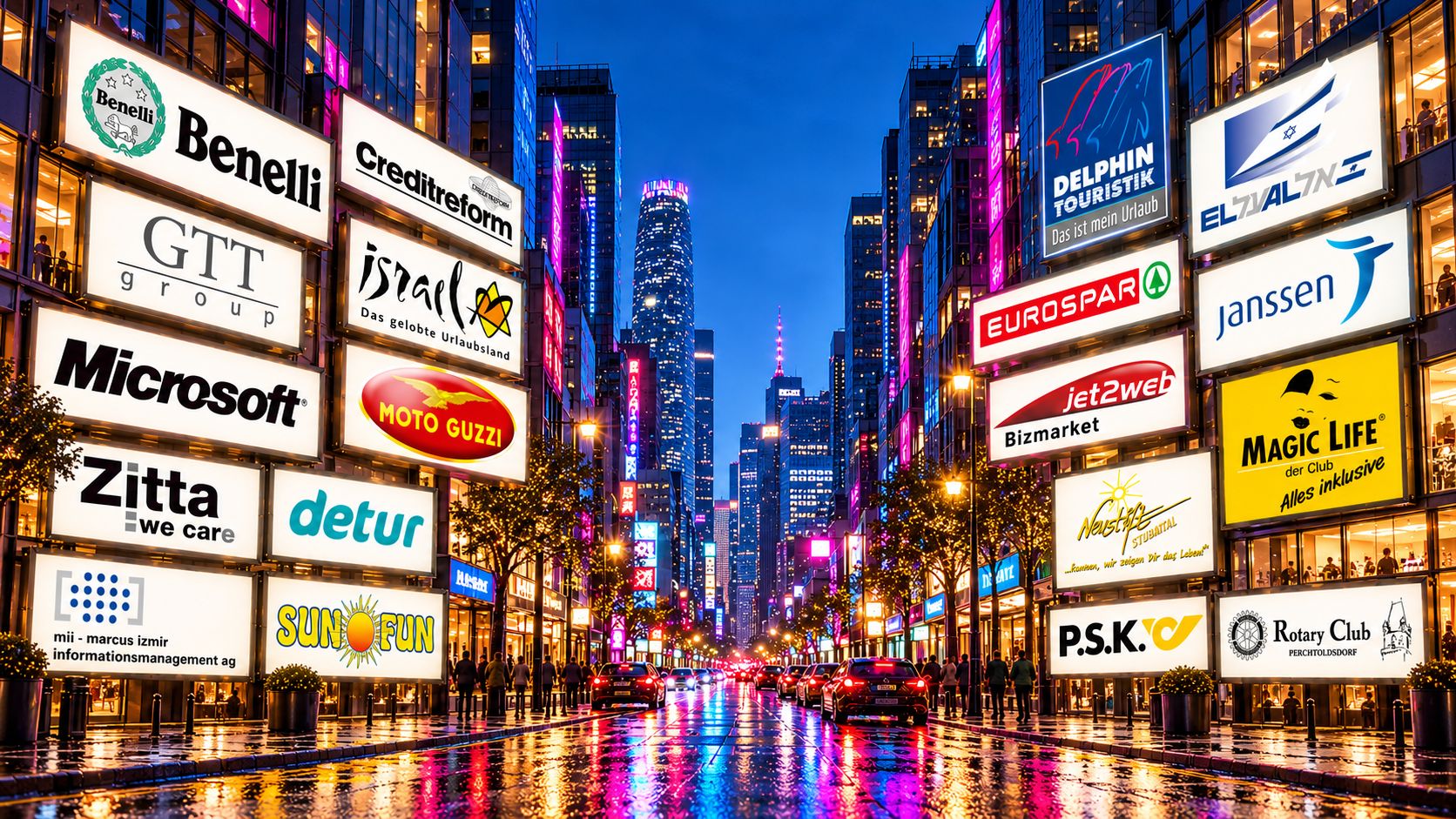 Nächtliche, regennasse Einkaufsstraße mit den Leuchtschildern unserer Kunden: Benelli, Creditreform, GTT Group, Israel Tourismus, Microsoft, Moto Guzzi, Zitta, Detur, mii, Sun & Fun, Delphin Touristik, EL AL, Eurospar, Janssen, jet2web Bizmarket, Magic Life, Neustift im Stubaital, P.S.K. und Rotary Club Perchtoldsdorf.
